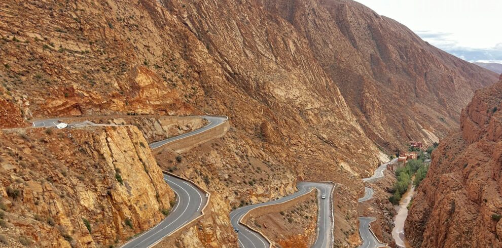 Aerial view of the winding road through Dades Gorges, Morocco.